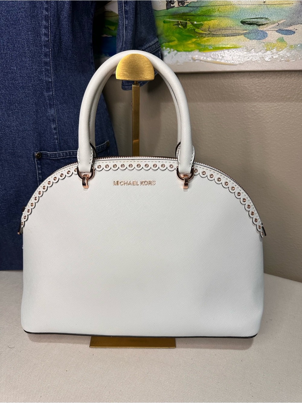 Michael Kors Emmy Optic White Leather Dome Satchel with Rose Gold Accents- NWT!